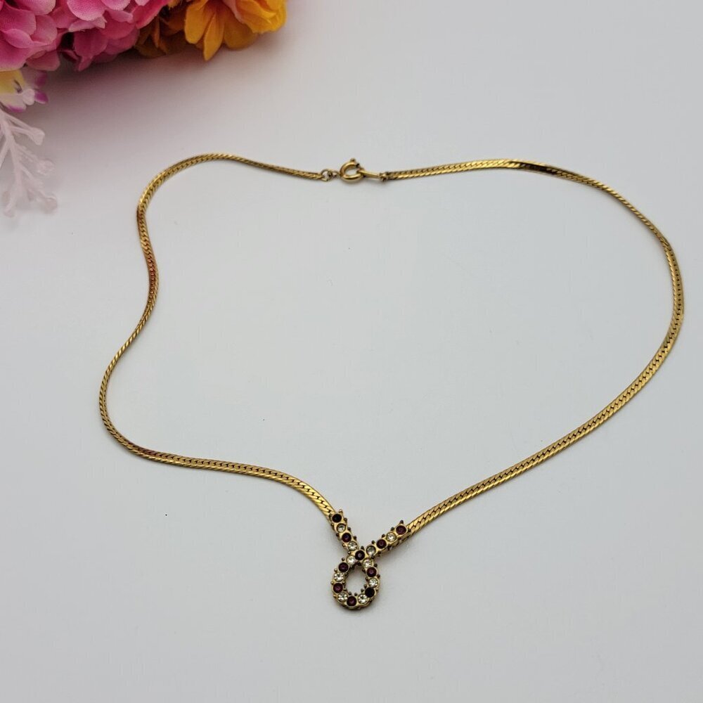 AVON Ruby Red Rhinestone Infinity Necklace 17 In Gold Plated Vtg. 80's Plaza